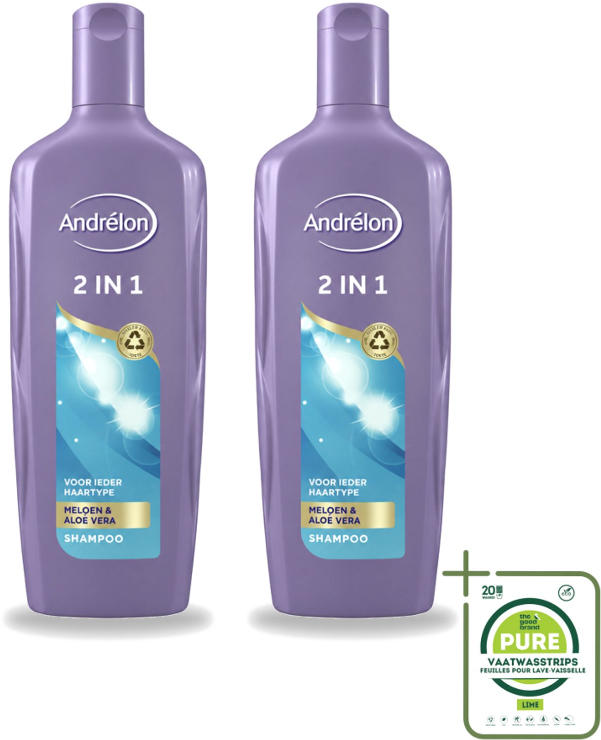 2 x Andrélon - 2-in-1 - Shampoo - Reinigt & Verzorgt - 300 ml - Grootverpakking - Vaatwasstrips - 2-in-1 Shampoo Conditioner - Haar Reinigen - Haar Verzorgen - Meloen Shampoo - Aloë Vera Shampoo