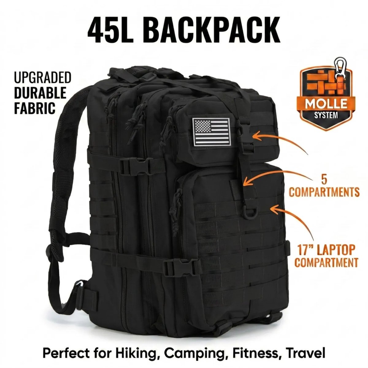 Gudalio Rugzak - Rugtas - Backpack - Militaire Rugzak - Waterdicht - Opbergvakken - MOLLE-systeem - Grote Capaciteit - 45L - Zwart