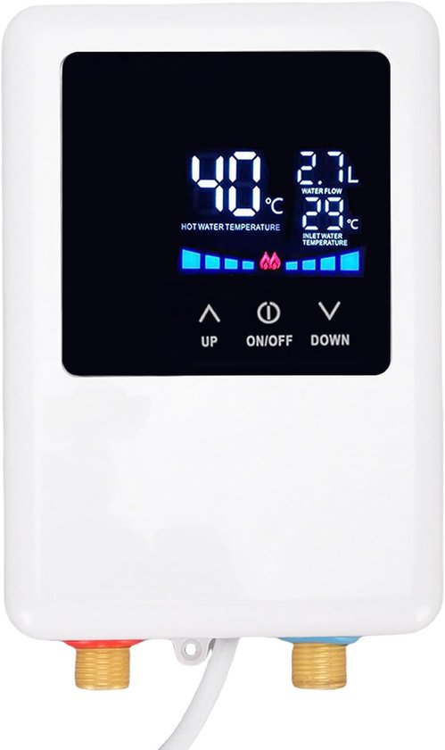 Wit compact apparaat met een zwart digitaal display dat 40°C aangeeft als hete watertemperatuur en 2.7L als waterdoorstroming.