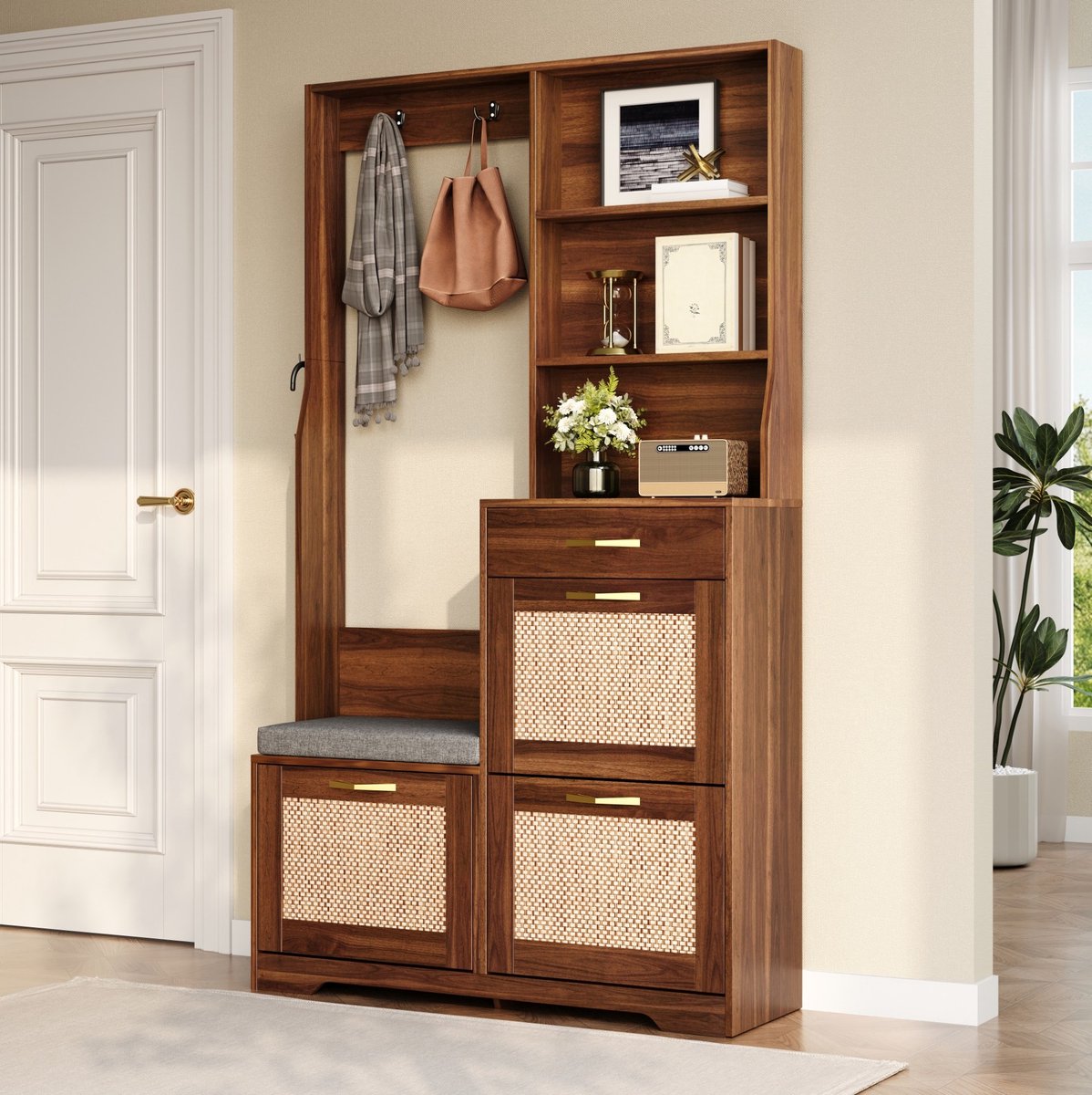 DESMIU Halmeubel Garderobekast Met Zitbank En Schoenenkast Met Drie Kleppen Voor Entree MDF Walnoot 100x30x170 Cm