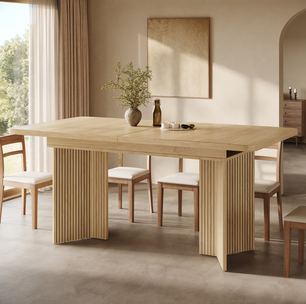 REDOM - Uitrekbare eettafel - Rechthoekig - V-poten met verticale ribbels - MDF en metaal - Licht eiken en notenlook - 120-160 x 80 x 76,1 cm
