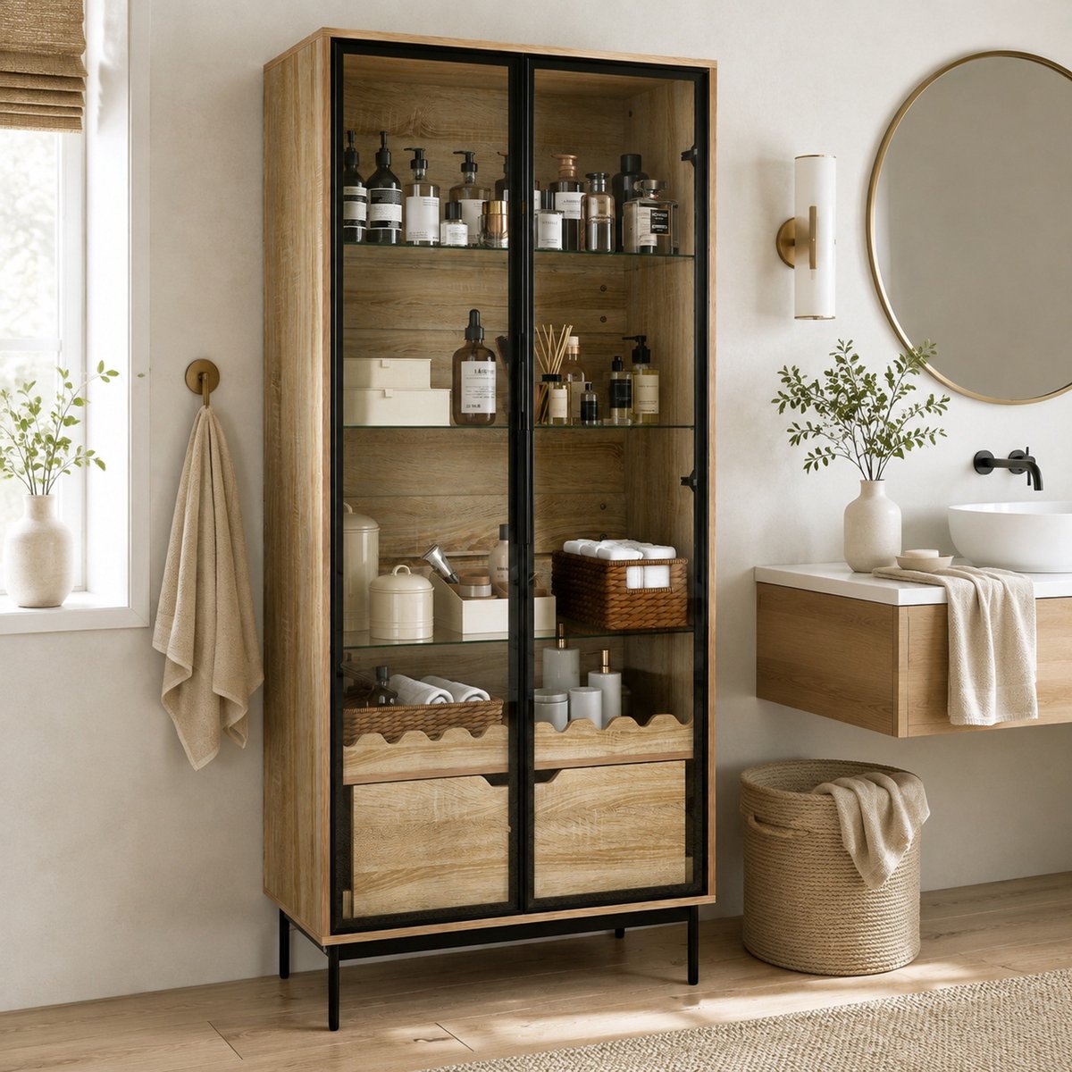 DESMIU Vitrinekast - Glazen Deuren En Verstelbare Planken - Voor Woonkamer En Slaapkamer - MDF - 75x35x170,8 Cm - Zwart Naturel