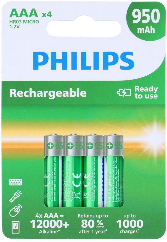 Philips AAA oplaadbare batterijen, 4 stuks, groen, 950 mAh.