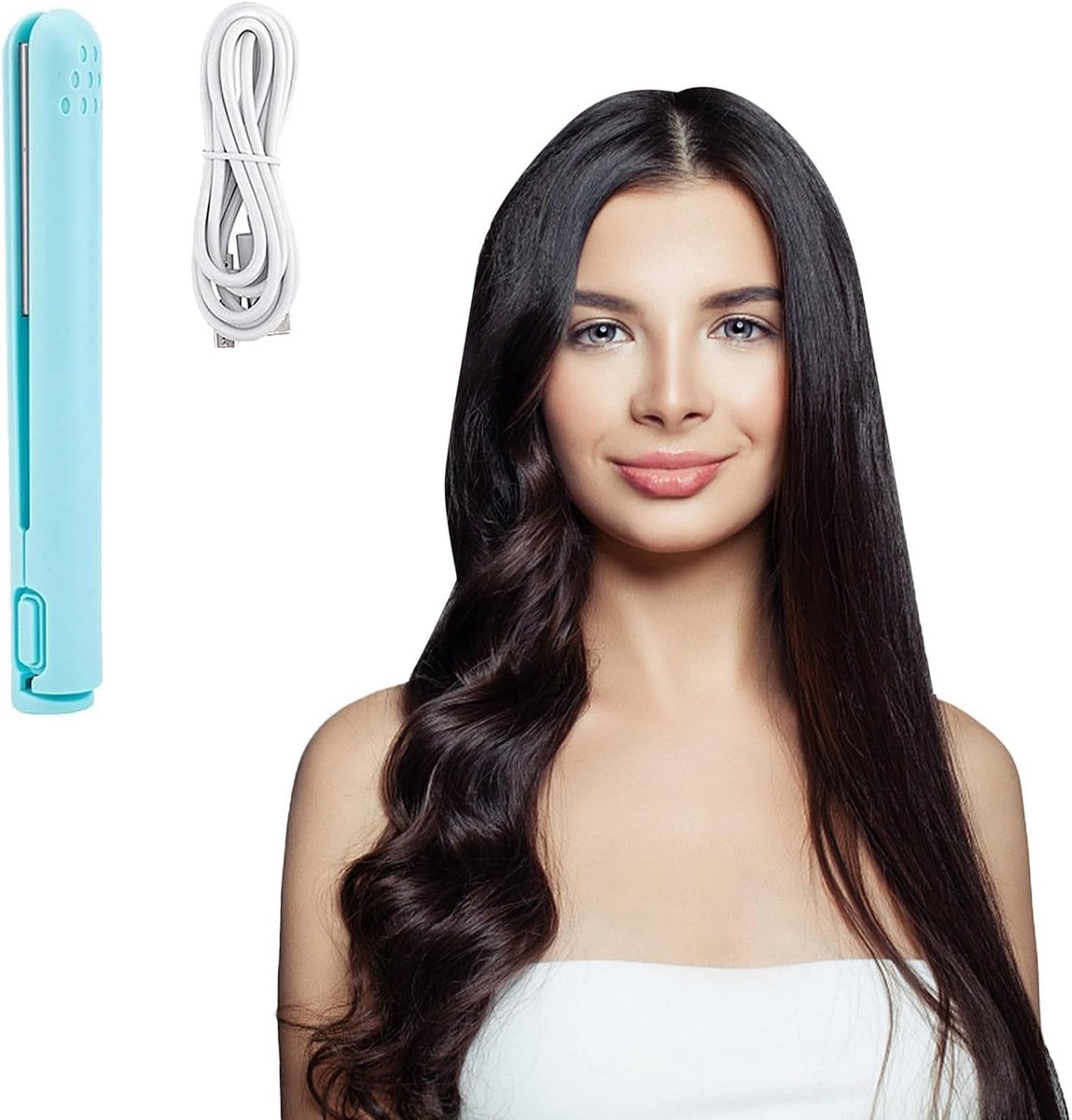 2‑in‑1 Mini Krultang B1 Blauw 17 cm, USB‑oplaadbare Keramische Haarstyler voor Kleine Krullen & Glad Haar, Compact Draagbaar Reismodel, Eén Maat