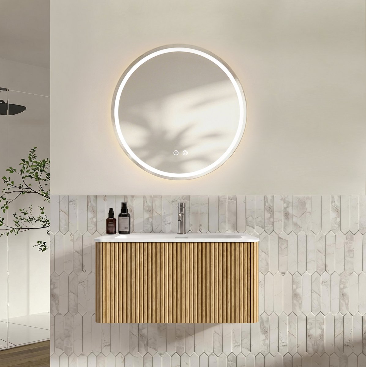 DESMIU Badkamermeubelset - Wandhangende Wastafel Met Onderkast En Ledspiegel - Ruimtebesparend Voor Badkamers - MDF - 80 Cm - Eikenkleur