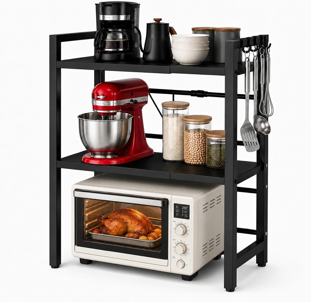 Uitbreidbaar Magnetronrek met 6 Haken, Ruimtebesparend Keukenplank, Verstelbaar en Dubbel Laags voor Magnetron en Keukenaccessoires, 40-63 cm