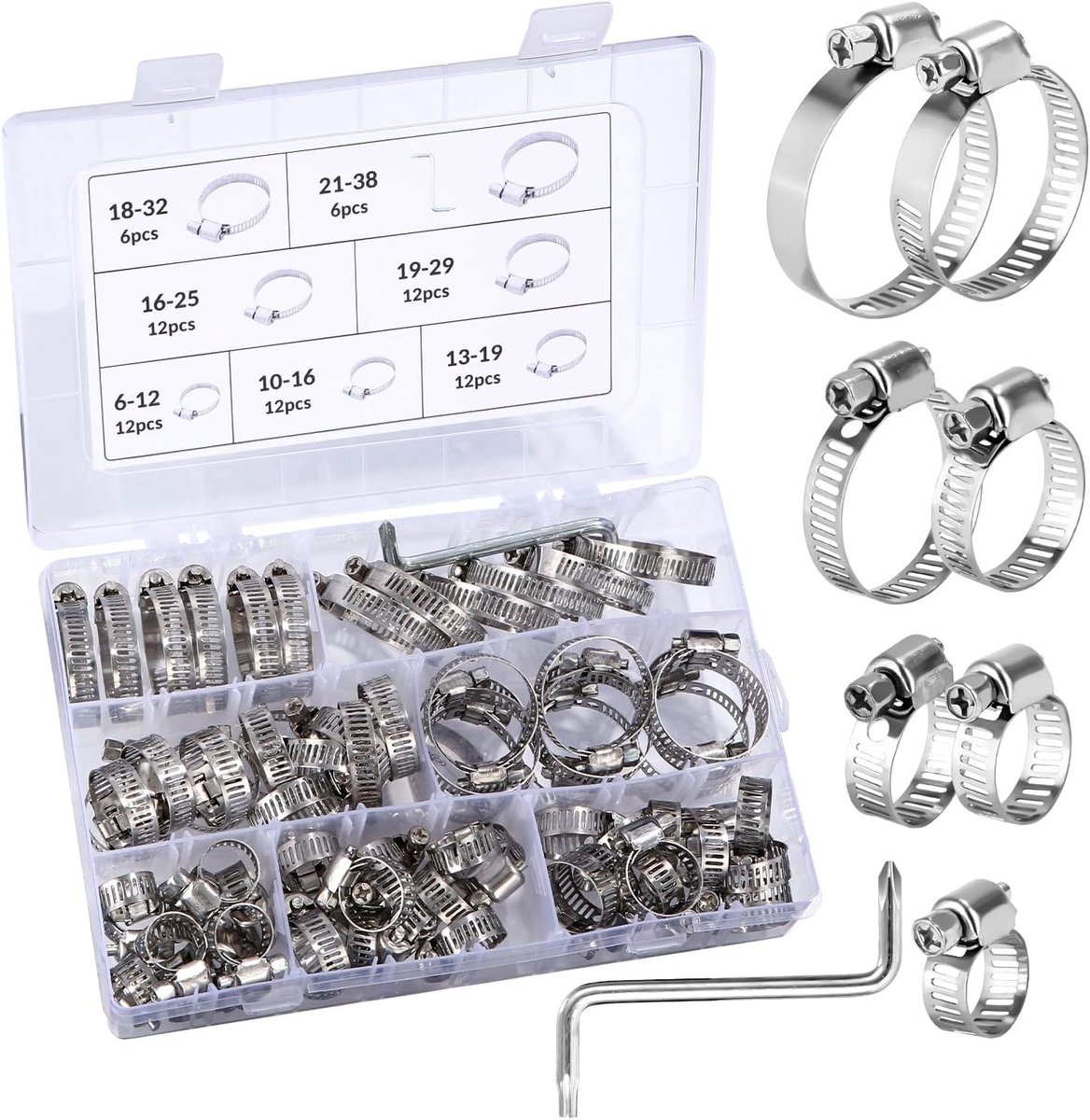 Complete Set van 73 RVS Slangklemmen, Verstelbare Klemmen voor Waterleidingen en Auto's, 6-38mm Bereik, 7 Verschillende Maten
