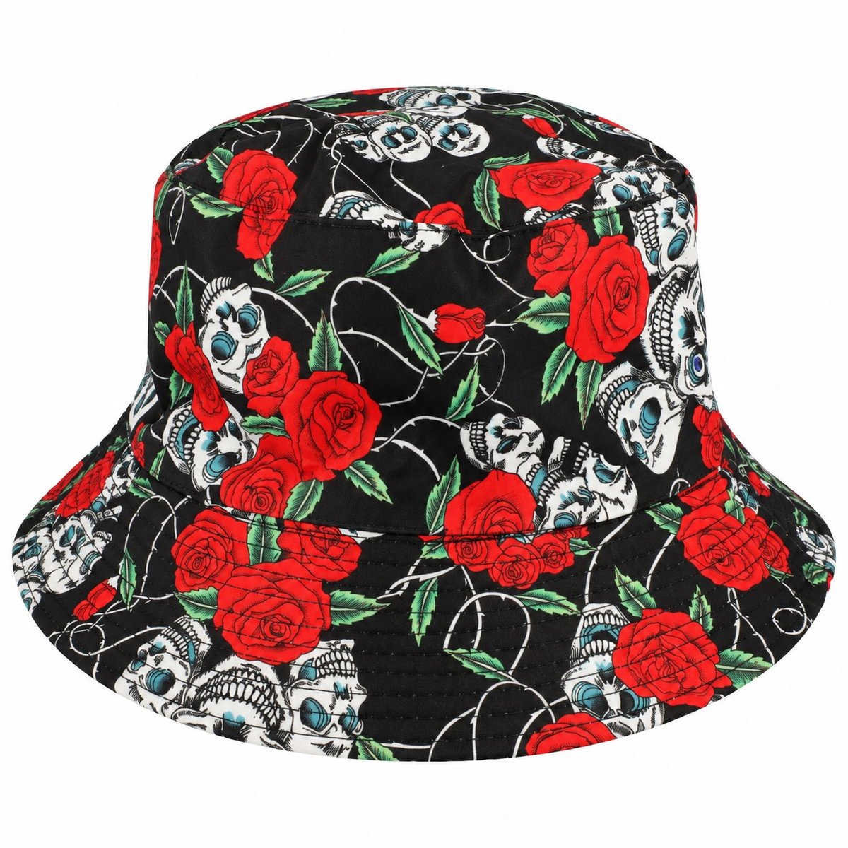Haarsoires Bucket Hat Hoedje – Rozen Schedelprint – Zwart Rood - Vissershoedje - voor Dames & Heren