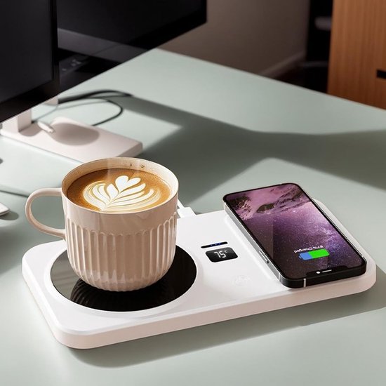 Kopjeswarmer, koffiekopjeswarmer, drankwarmer, 3 temperatuurstanden, slimme drankwarmer met draadloze telefoonoplader - voor melk, water, enz. - wit — afbeelding 4