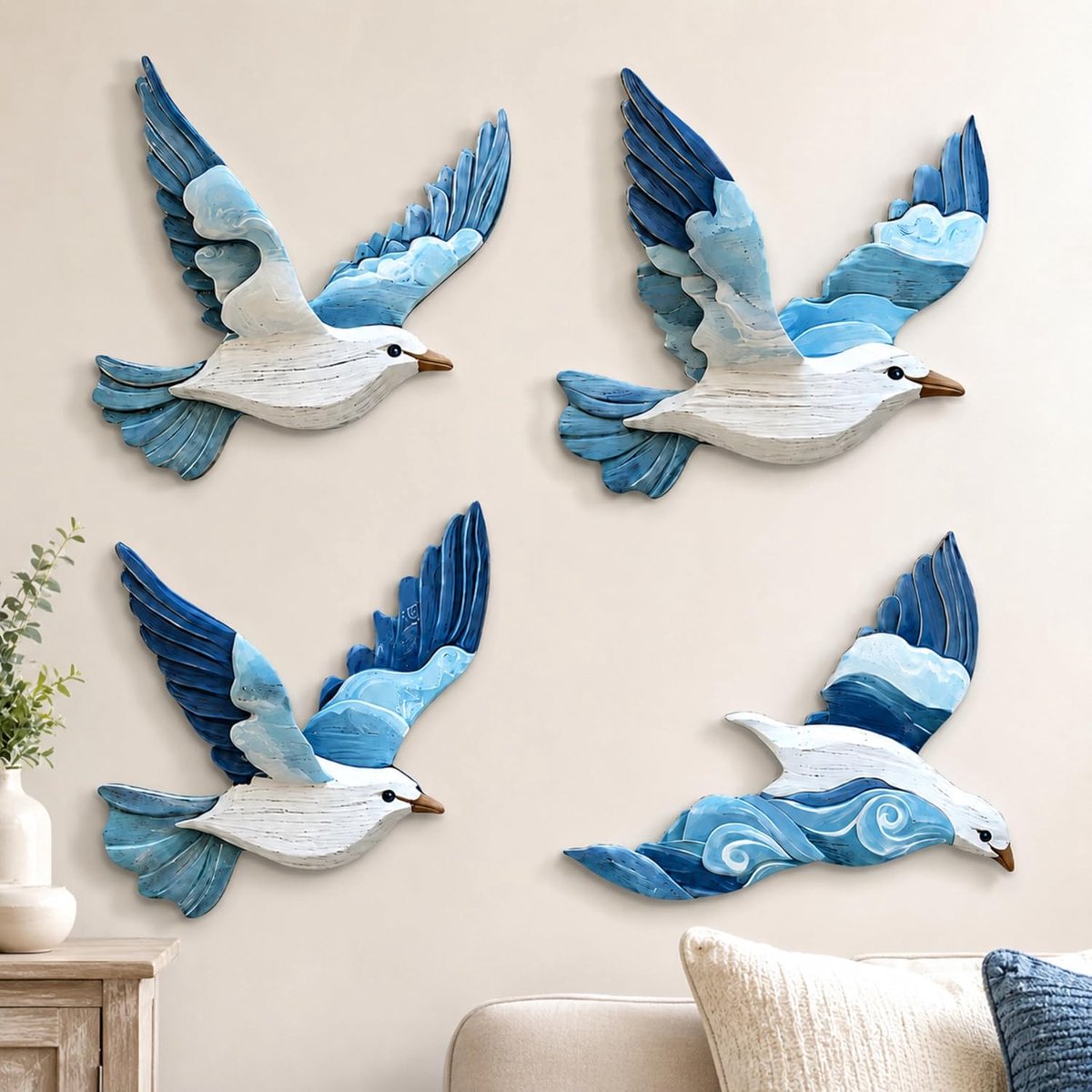 Lichtblauwe Vogels Wandkunst - 2D-Vlak - Wandsculpturen - Wanddecoratie vogel - Wall Art - Tuindecoratie - Voor maritieme decoratie, buiten, strandmotief - Wanddecoratie voor slaapkamer, woonkamer en badkamer - Vliegende Vogels - TENGYIF®