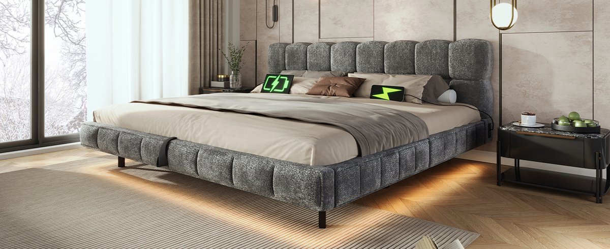 MIVRAY Gestoffeerd Bed 140x200 cm - Ledverlichting, USB En Type C - Hydraulische Opbergruimte - Chenille - Grijs - Zonder Matras