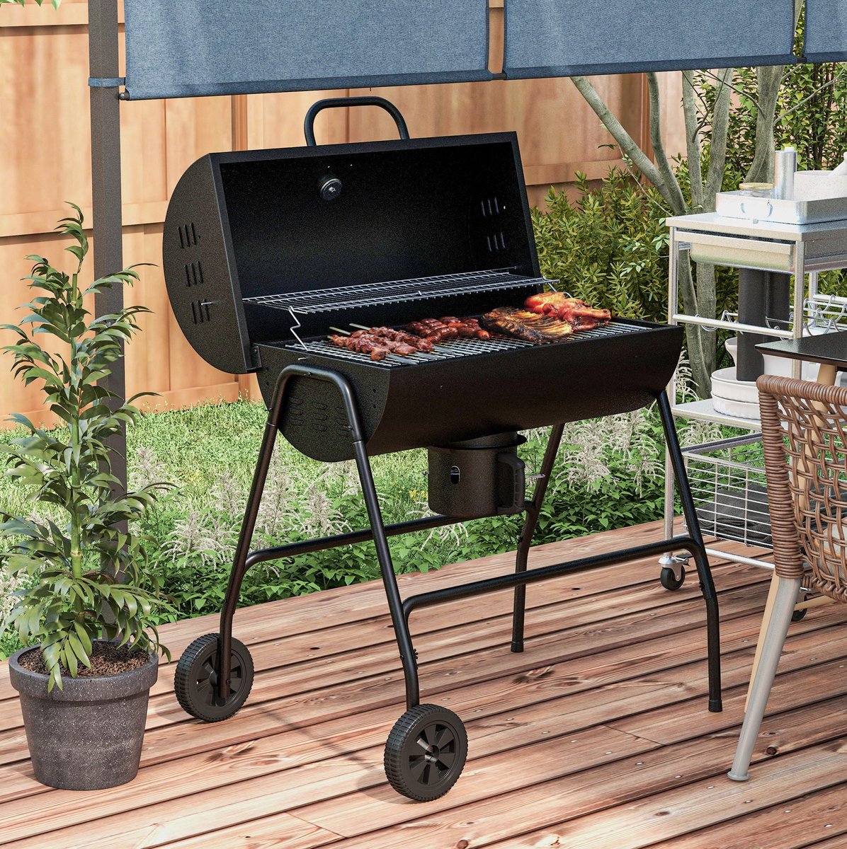MODFU - Houtskoolgrill - Deksel Met Thermometer - Wielen - Zwart Metaal