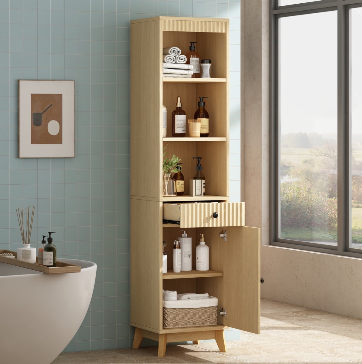 REDOM - Badkamerkast - Vrijstaand - Verticale geribbelde fronten - Open vakken, lade en omkeerbare deur met soft-close - MDF - Natuurhoutkleur - 40 x 36 x 172 cm