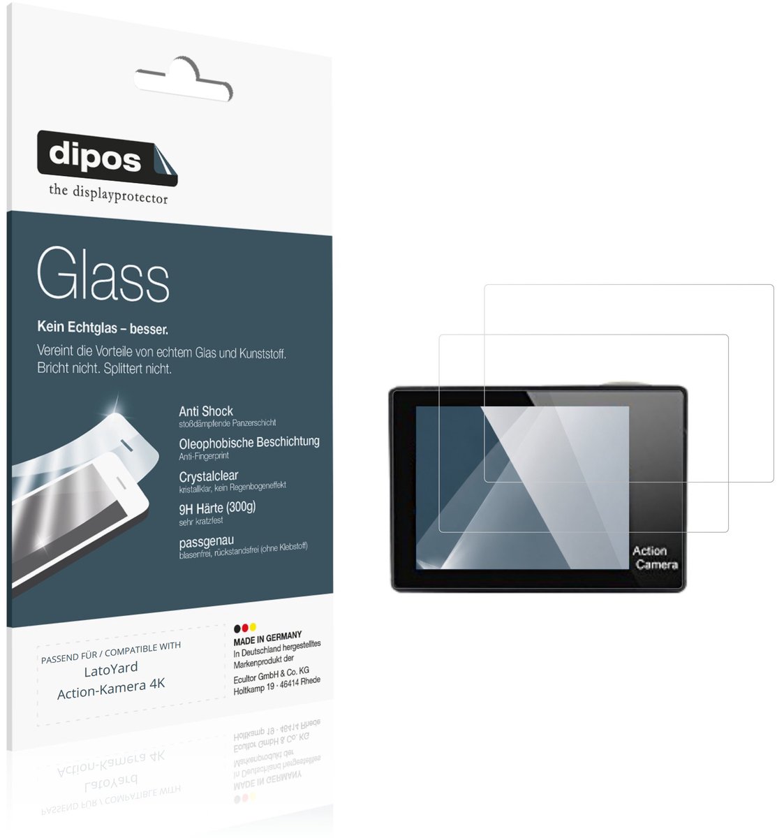 dipos – 2x Pantserfolie geschikt voor LatoYard Action-Kamera 4K | 9H Screenprotector