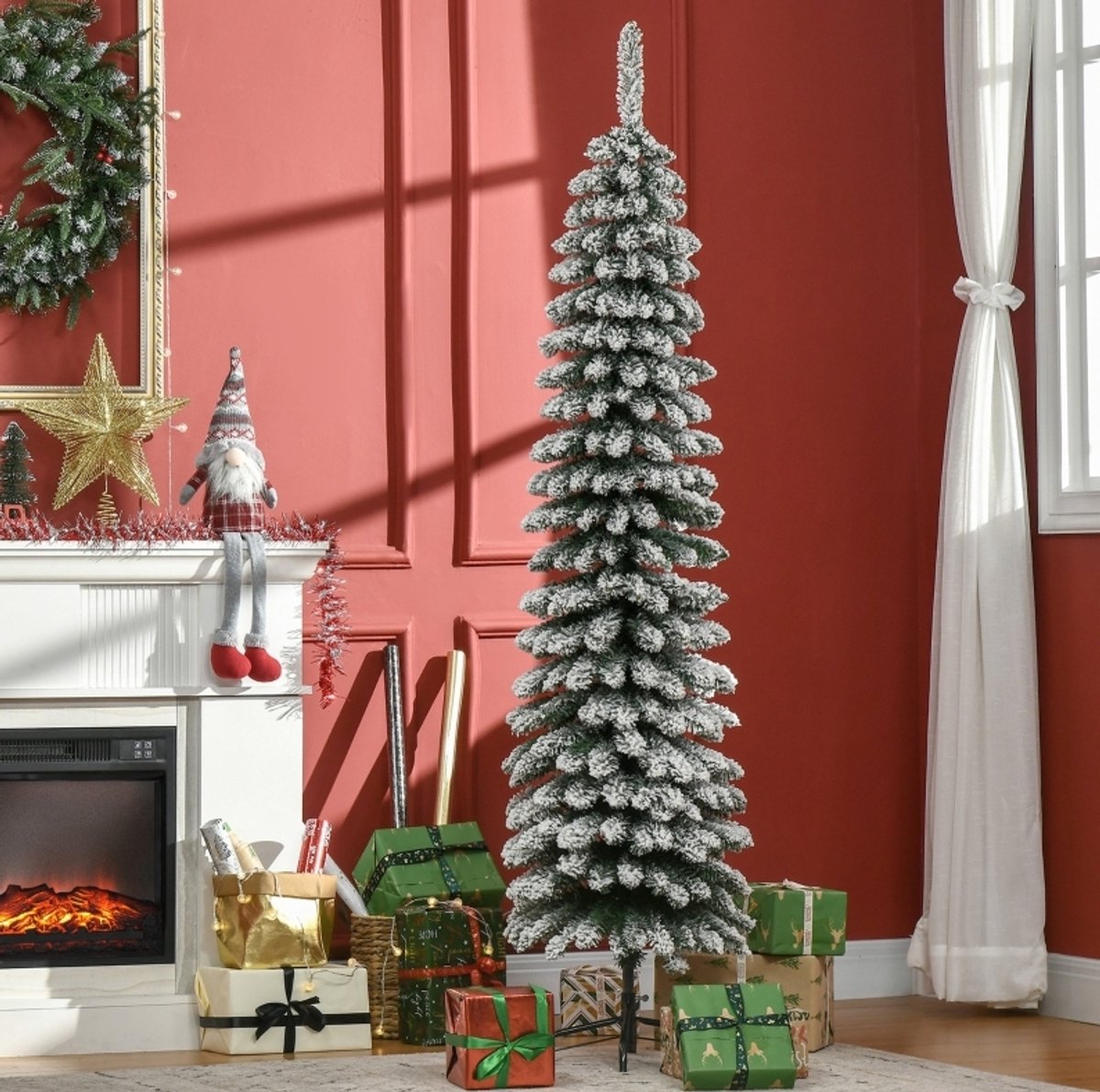 Kunstkerstboom Besneeuwd 180 cm Smal Design Kunststof Groen Wit Brandvertragende Takken Metalen Standaard Voor Binnen