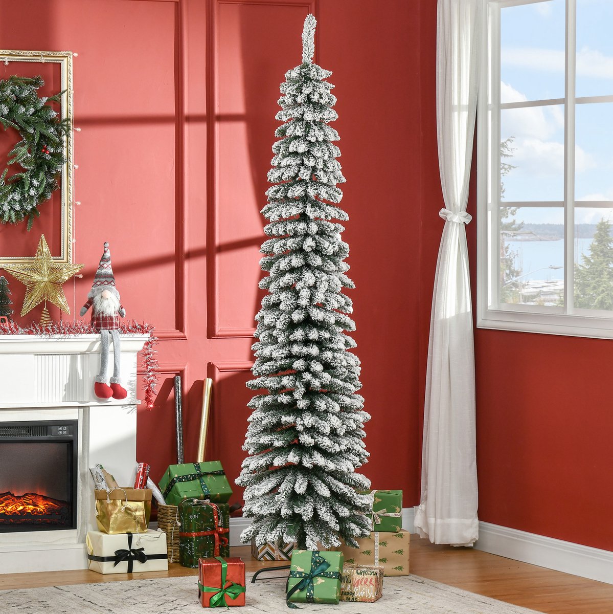 Kunstkerstboom Sneeuweffect – 210 cm – Smal Ontwerp – Kunststof – Groen/Wit – Voor Binnen – 490 Takken – Brandwerend – Metalen Voet