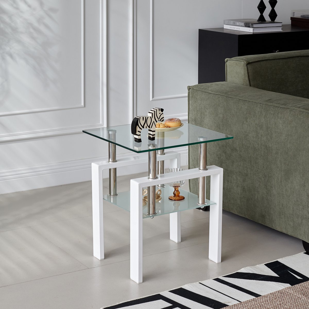 DESMIU Bijzettafel - Set Van 2 Met Transparant Gehard Glas En Opbergruimte - Voor Woonkamer, Slaapkamer En Kantoor - Wit - Vierkant
