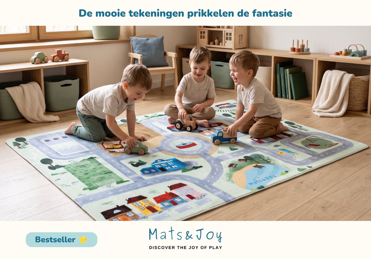 Mats & Joy® Village Auto Speelmat 130x180cm - Fluweelzacht - Anti-slip - Wasbaar - Groot Auto Speeltapijt Kinderen - Speelkleed Baby - Autokleed – foto 8