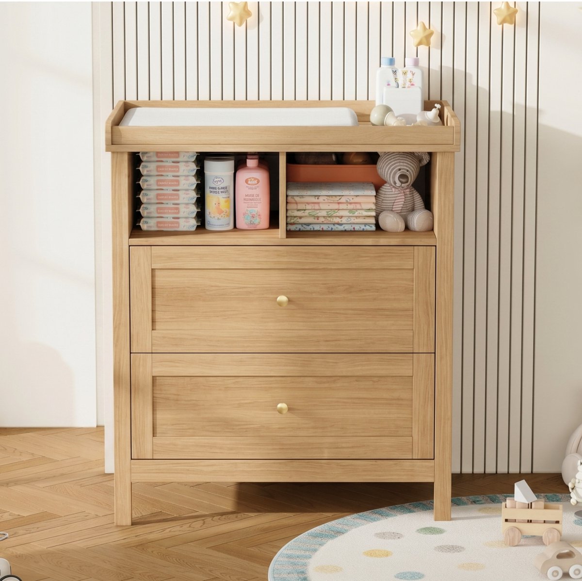 Commode – Afneembare Verschoontafel – 82 x 50 x 90 cm – MDF – Naturel – Laden en Open Vakken – Babykamer