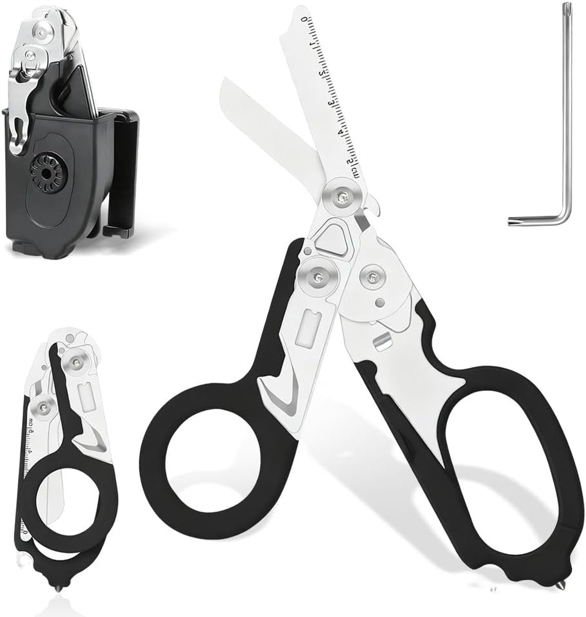 Opvouwbare 6-in-1 Trauma Schaar met Holster, Ideaal voor Noodhulp, Kamperen en Outdoor Activiteiten, Inclusief Bandageschaar en Ruitbreker