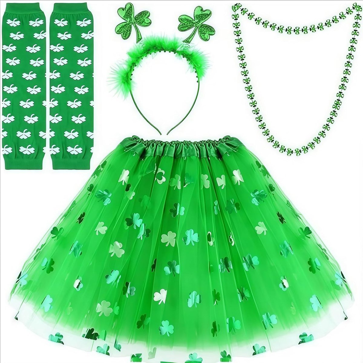 St Patrick's Day Kostuum met 4 Stukken: Klaver Hoofdband, Ketting, Handschoenen en Groene Tutu Rok voor Vrouwen, Feestoutfits en Ierse Cadeaus