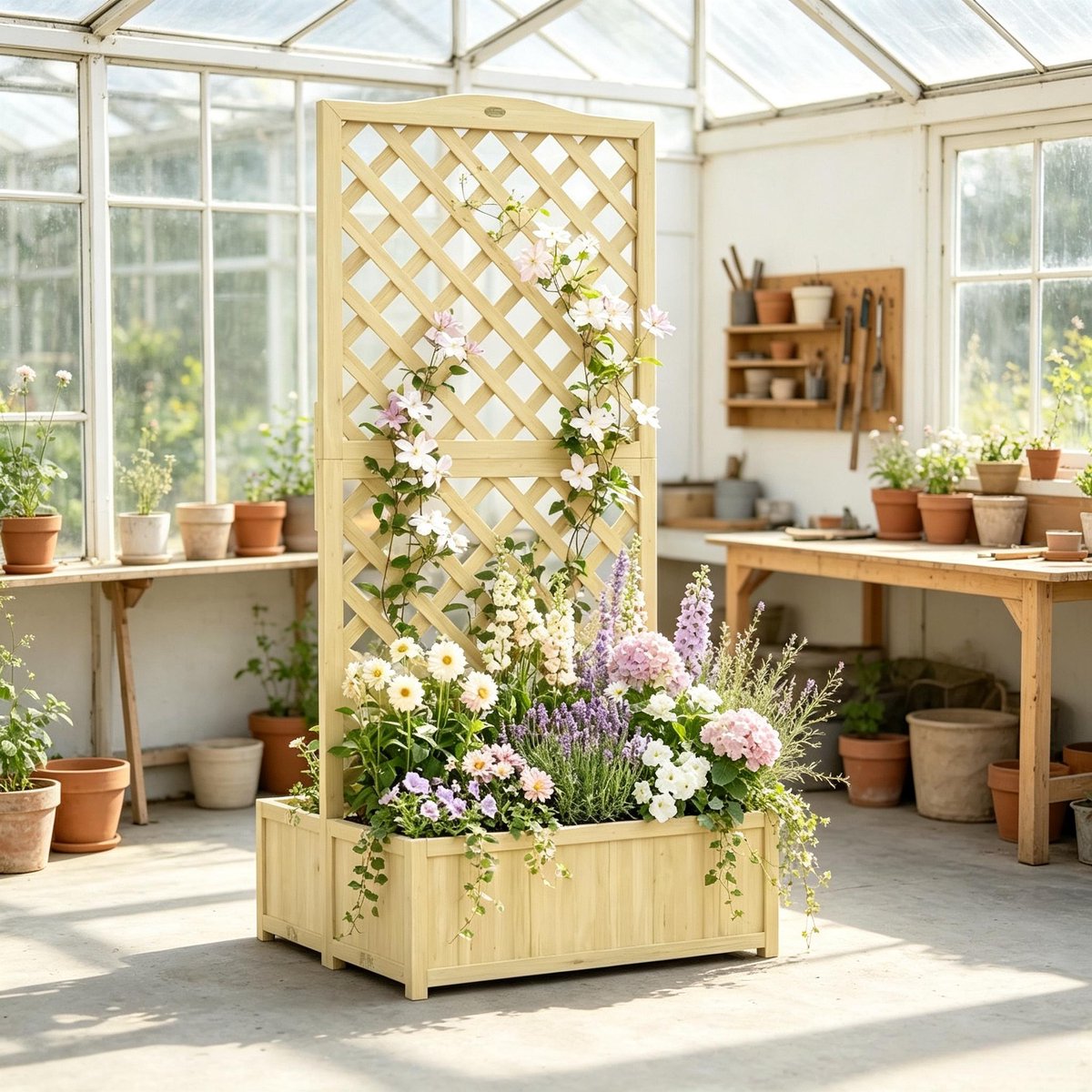 Plantenbak Met Klimrek – 73 x 70 x 170 cm – Hout – Naturel – Opvouwbaar – Voor Klimplanten Buiten