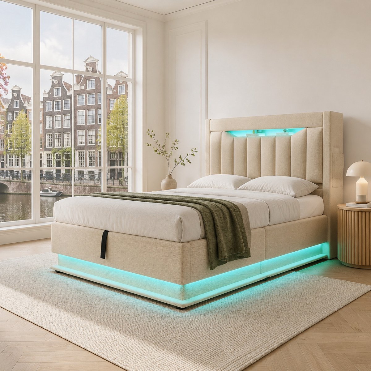 WUVRIE Normaal bed 90x200 cm met opbergruimte, LED en USB/Type-C in beige stof