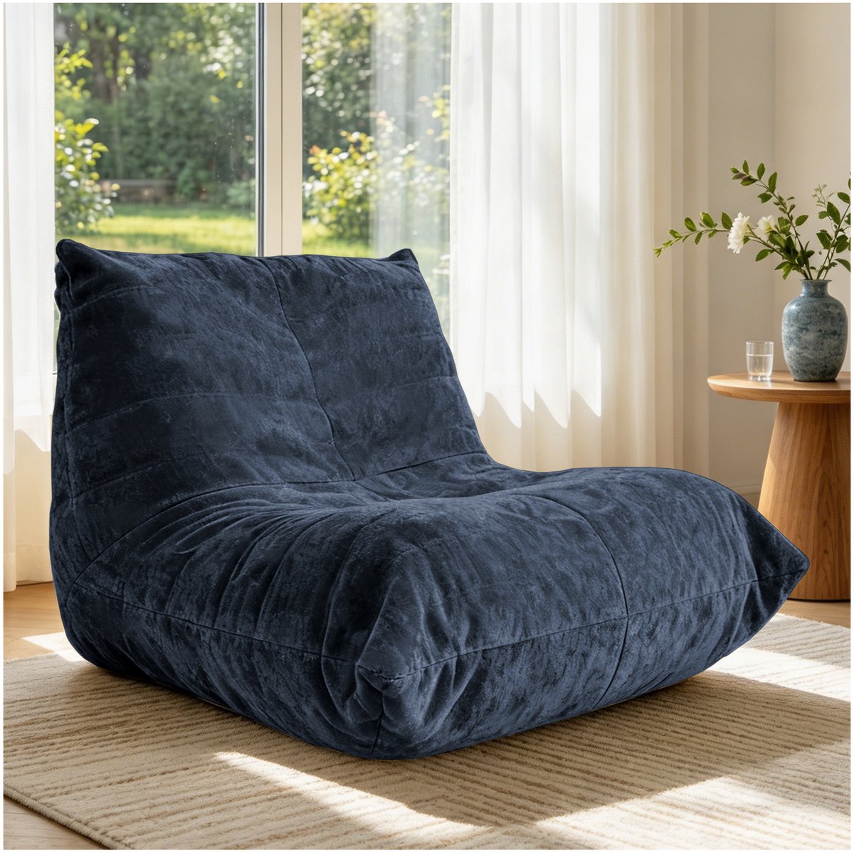 REDOM - Zitzak - Ergonomische rupsvorm - Met rugleuning - Schuimvulling - Voor binnen - Chenille stof - Blauw - 100 x 90 x 80 cm