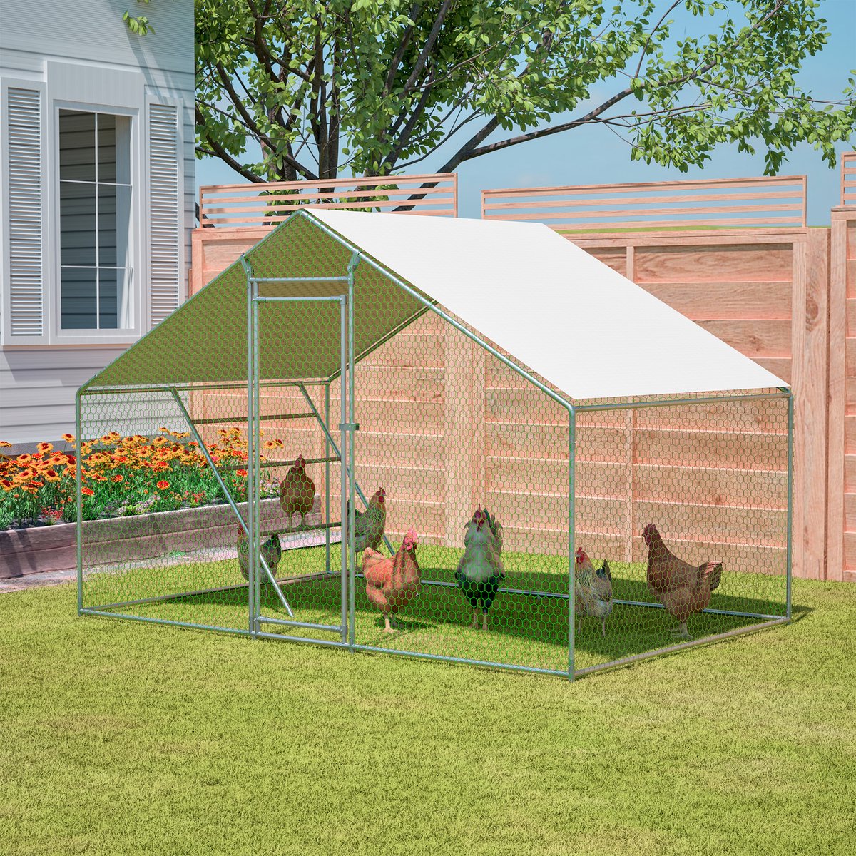 REDOM - kippenhok - veiligheidsslot - verzinkt stalen frame - met ladder - PE-afdekking - buitengebruik - Grijs - 303 x 200 x 200 cm