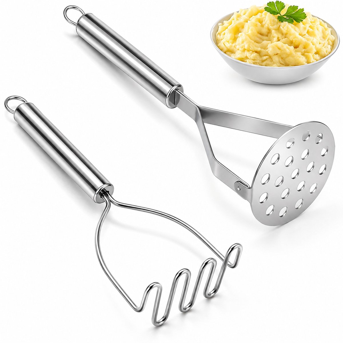 Kaiyaya - 2 stuks pureestamper - stevig RVS materiaal - rond en eivormig handvat - voor aardappelpuree, groenten en guacamole