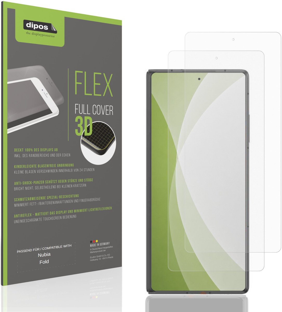dipos FLEX – 2x Matte Screenprotector geschikt voor Nubia Fold Innenseite | Volledige Schermbescherming | Case-Friendly
