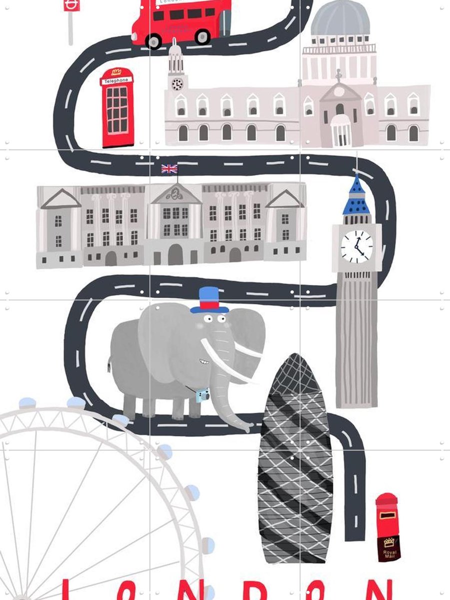 IXXI London City With Cute Elephant Tourist, Carla Daly - 60 x 80 cm - Gratis ophangtool - Grote wanddecoratie en posters - Grafisch Ontwerp