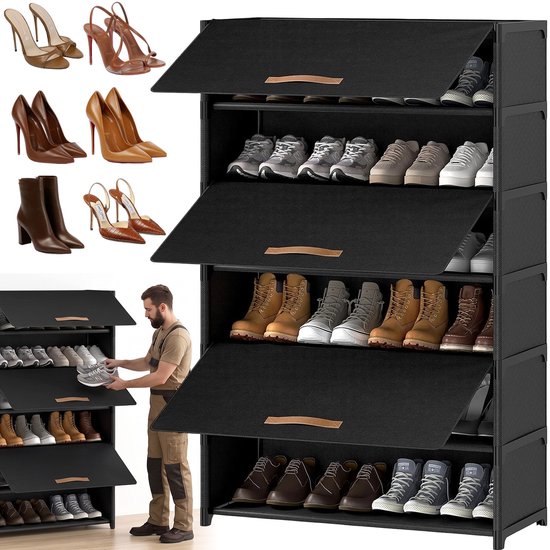 Zwart schoenenrek met 6 lagen, deuren open tonen diverse schoenen. Een man pakt een schoen uit een lage kast. Ernaast een collage met schoenen.