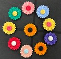 Tien kleurrijke bloemvormige magneten in een cirkel: groen, roze, blauw, geel, oranje, paars en rood.