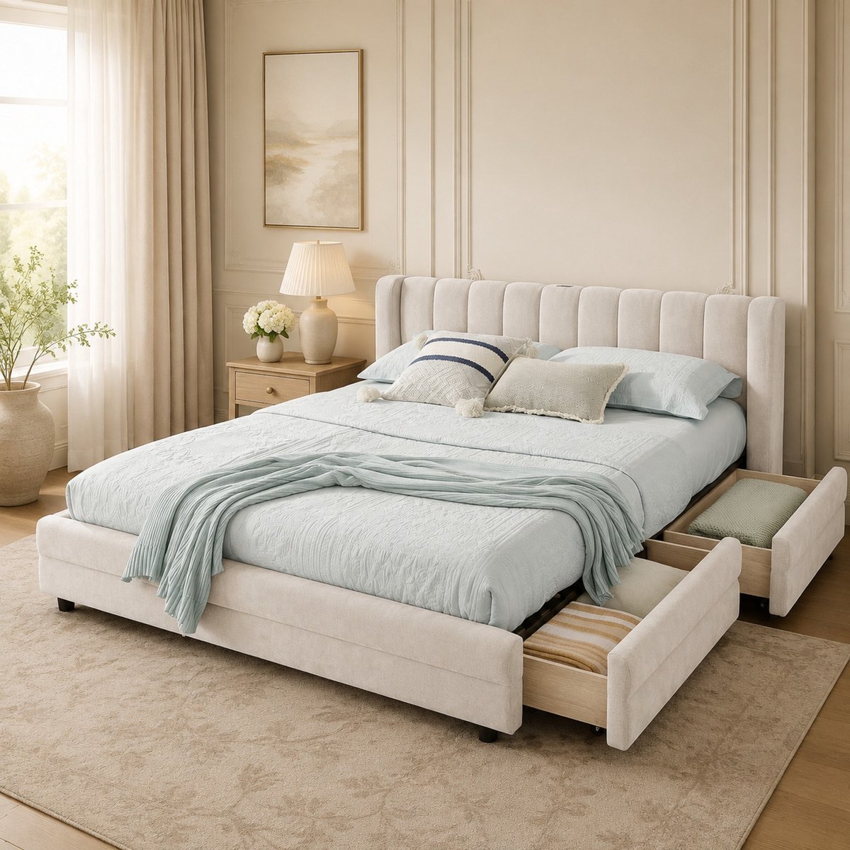 COVREO Bed met 4 lades – 140x200 cm – Tweepersoonsbed met USB-poort – voor slaap- en logeerkamer – Beige - zonder matras