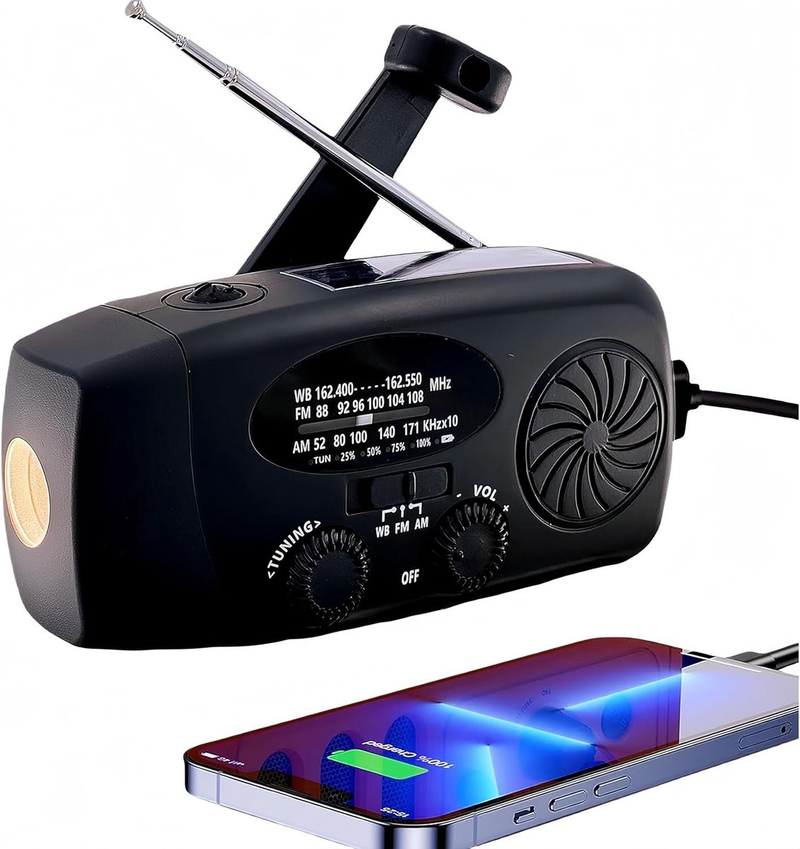 Wind Up Solar Radio - Zwart - 5000mAh - Draagbare Noodradio met Oplaadfunctie - Voor Kamperen en Noodgevallen