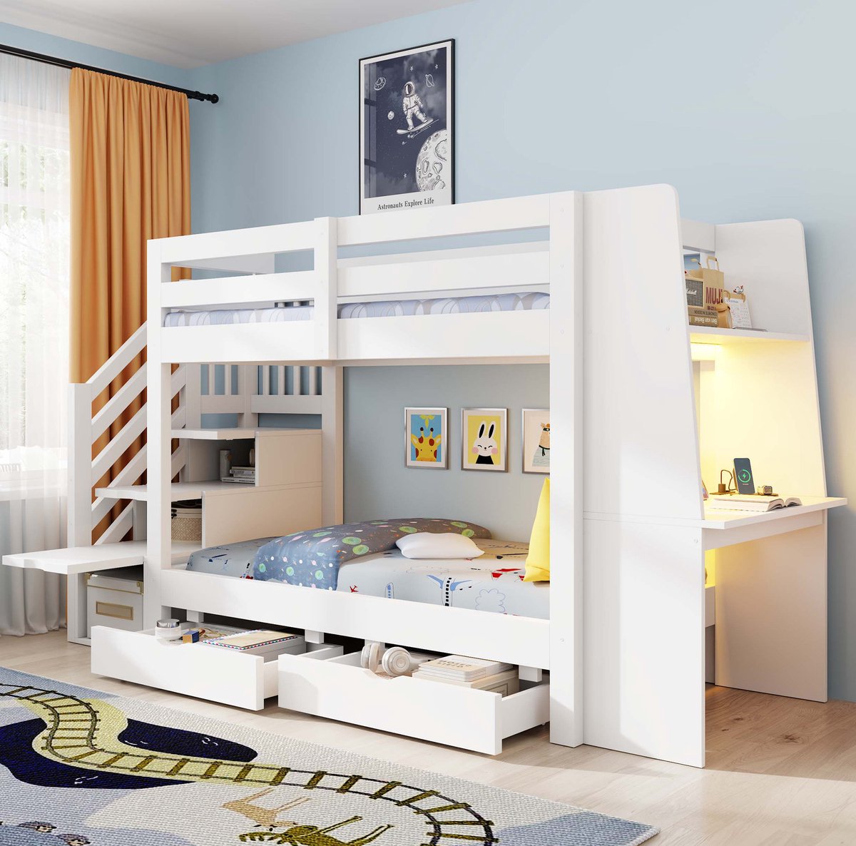 OKWISH Stapelbed 90 x 200 cm - Met Bureau, Ledverlichting en Stopcontact - Met Opbergtrap en 2 Laden - Kinderkamer - Hout en MDF - Wit - Zonder Matras