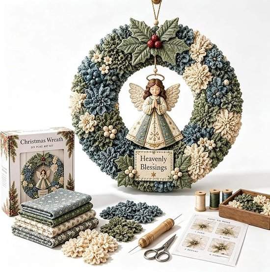 Kerstkrans met engeltje en tekst 'Heavenly Blessings'. De krans is groen, blauw en crème. De kit-inhoud is zichtbaar.