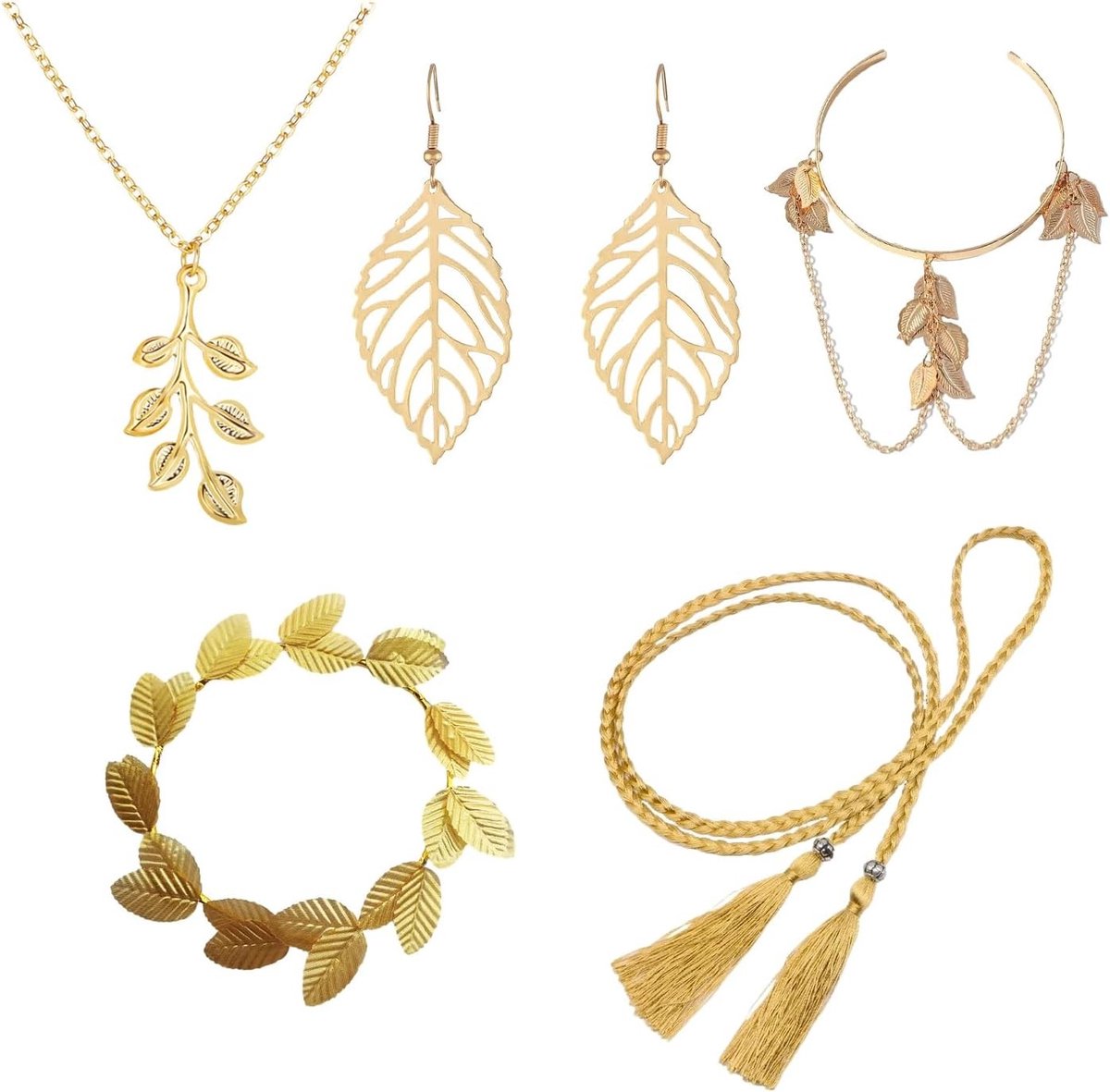 Goddess accessoires set met hoofdtooi, oorbellen, tassel riem, armbanden en kettingen voor vrouwen, perfect voor kostuums en feesten.