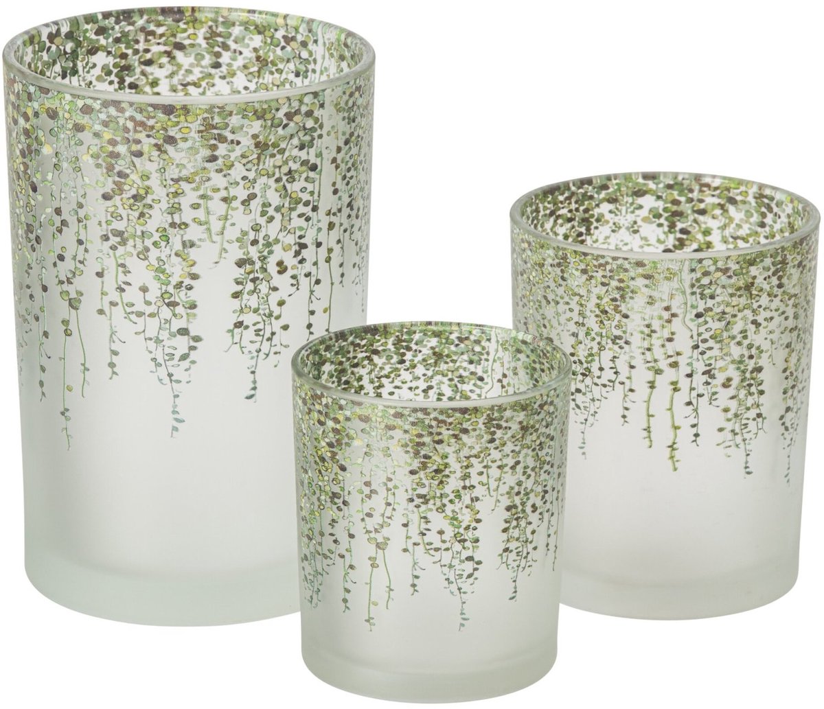 J-Line Cilindervormig windlicht met bladeren - glas - donkergroen/transparant - large