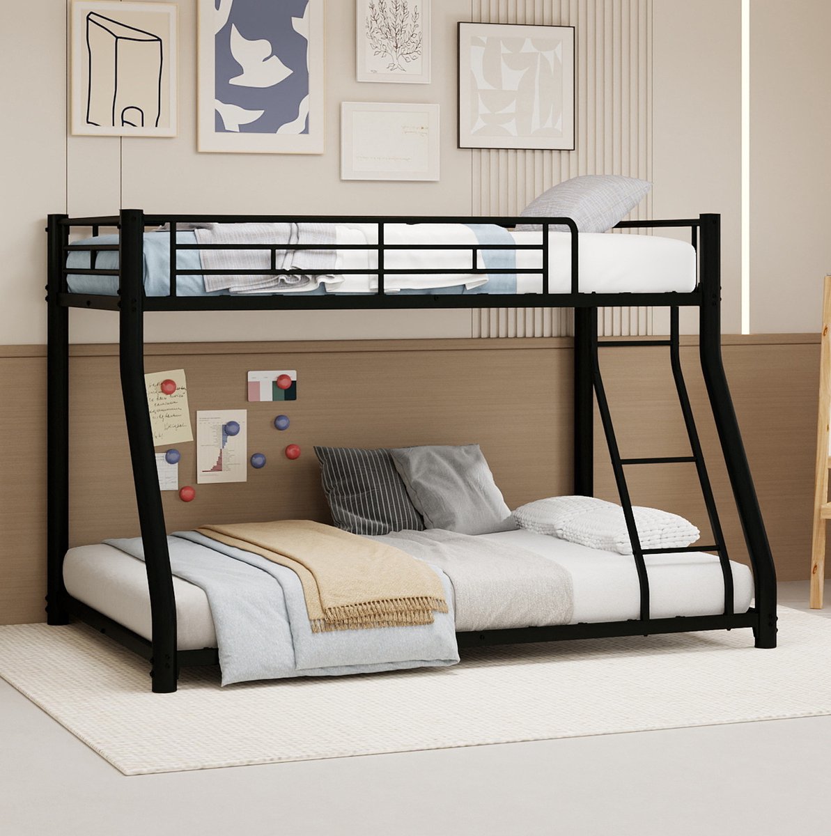 Stapelbed 90x190 cm en 140x190 cm - Met Ladder en Volledige Valbeveiliging - Ruimtebesparend Voor Jongeren en Volwassenen - Metaal - Zwart - Zonder matras