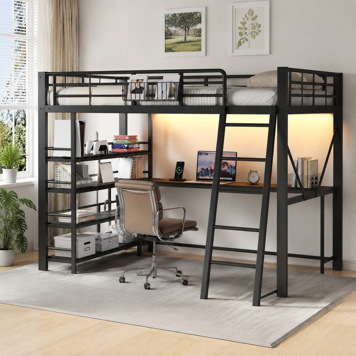 Hoogslaper 140x200 cm - Met Bureau en Opbergruimte - Met LED Verlichting en USB Laadstation - Voor Studie en Slaapkamer - Metaal - Zwart Zonder matras
