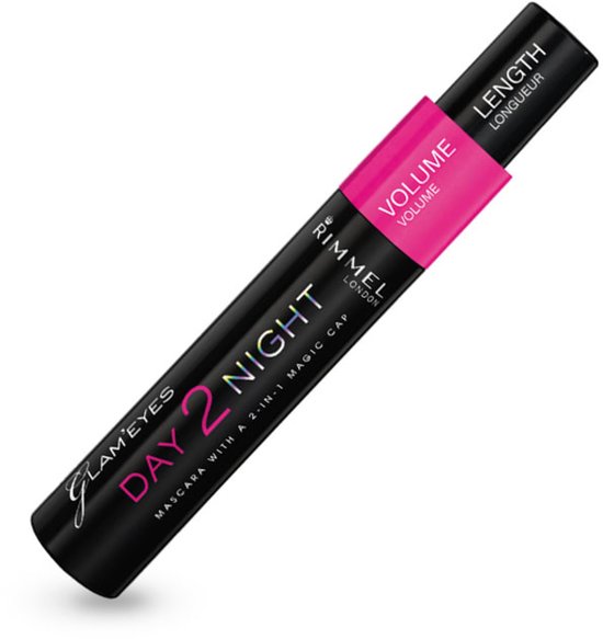 Rimmel London Day2Night mascara. Zwarte huls met roze band. Tekst: VOLUME VOLUME, LENGTH LONGUEUR.