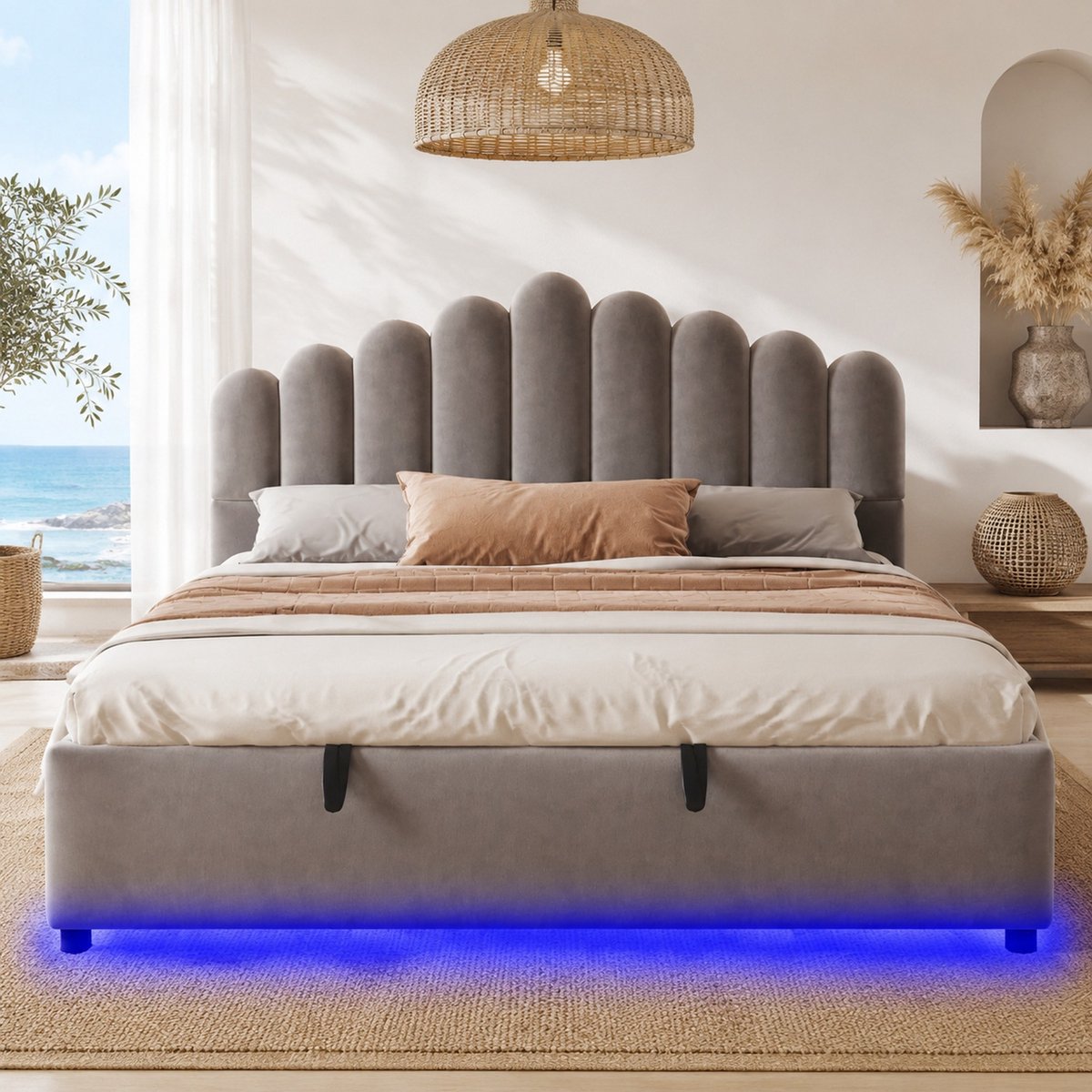 REDOM - Bed - Gepolsterd hoofdeinde met kussens - Hydraulische opbergruimte - LED-lichtstrip - Moderne stijl - Slaapkamer - Stof - Grijs - 209 x 185,5 x 111 cm