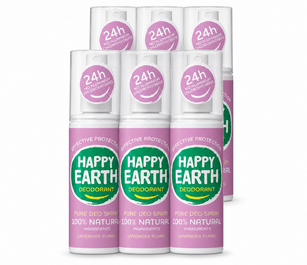 6 x Happy Earth – Deodorant Spray – 100% Natuurlijk Lavender Ylang – 100 ml - Voordeelverpakking - 6 stuks