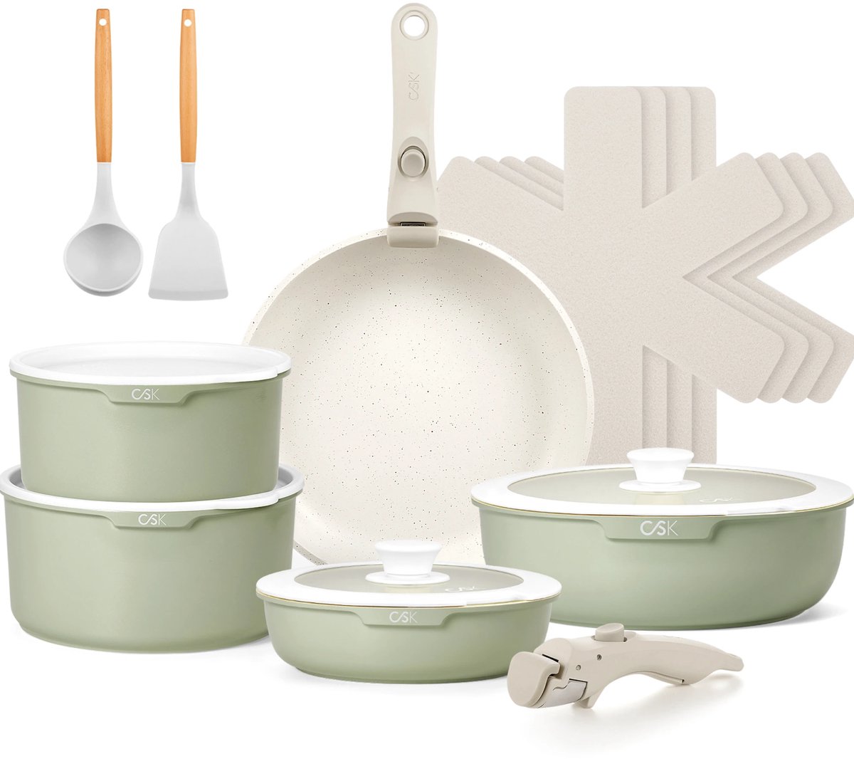 CS Kochsysteme BREEZE 17-delige Pannenset – Aluminium – Groen – Afneembare Handgrepen