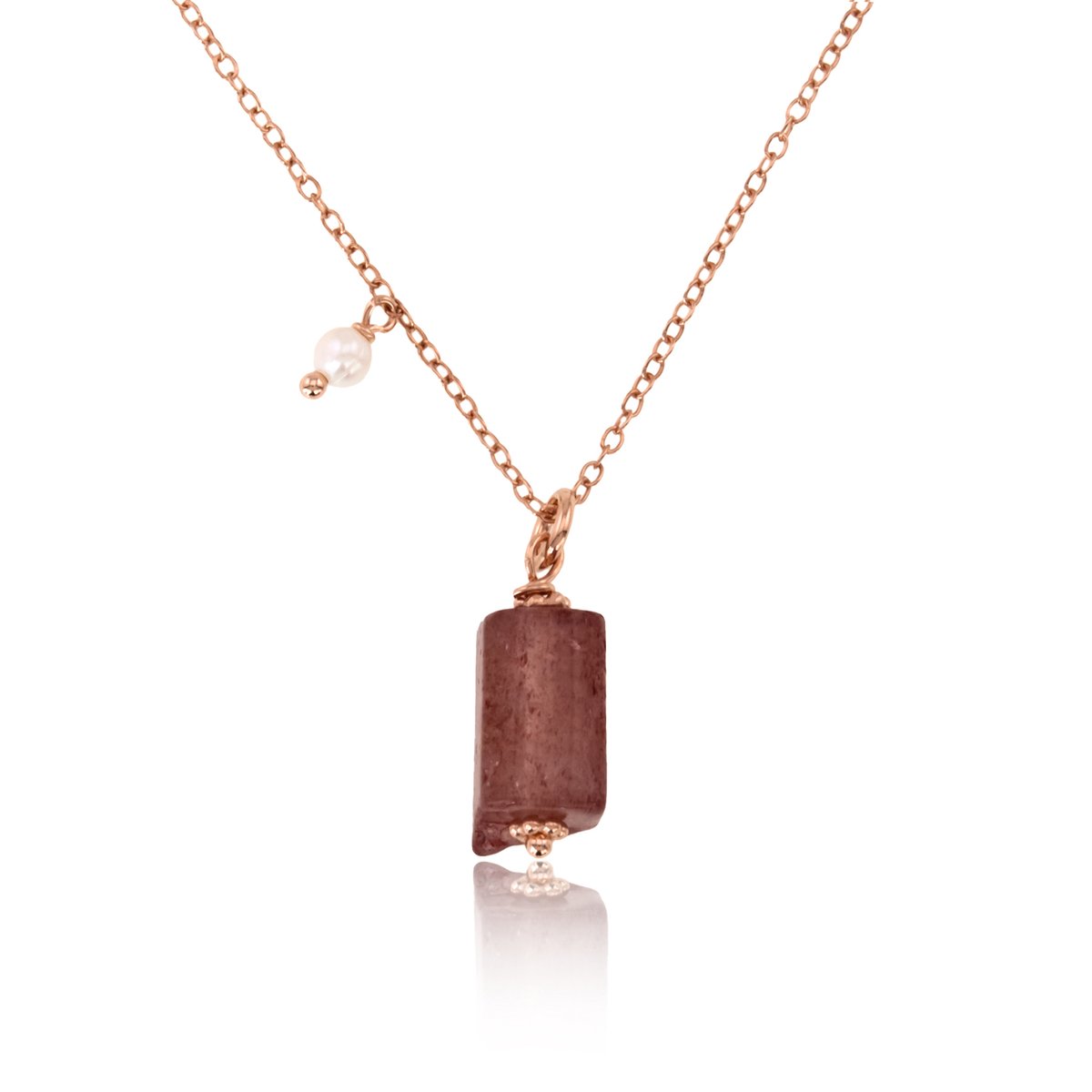 Cavill - Zilveren halsketting - 925 sterling zilver roségoud verguld - 2 ct fancy geslepen aardbeikwarts - Zoetwaterkweekparel - Elegante damesketting