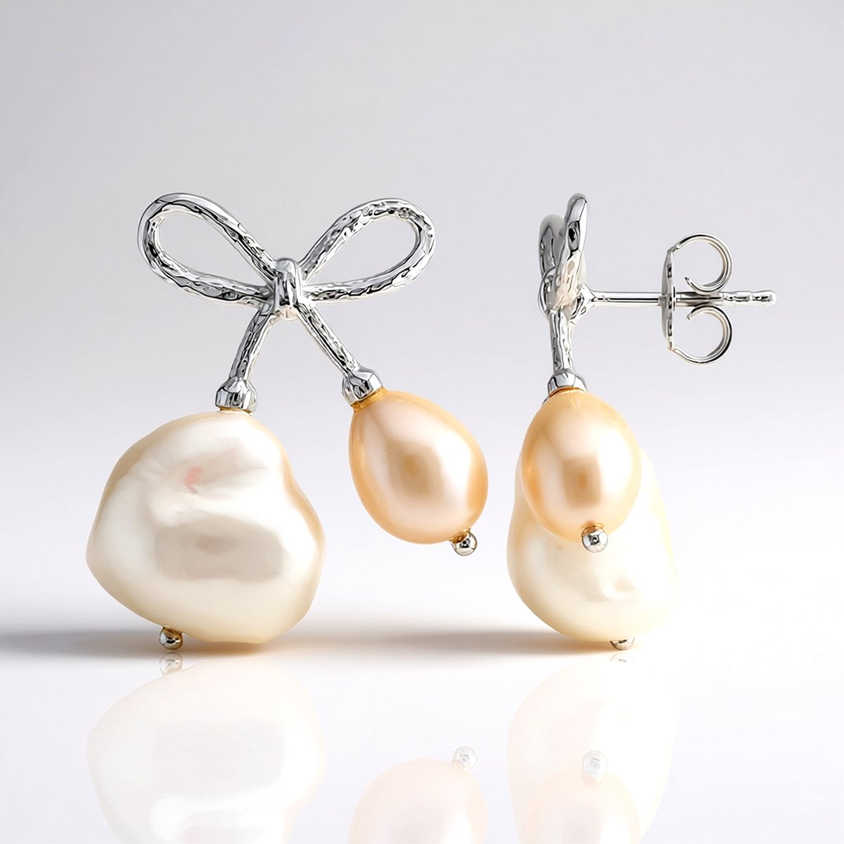 Cavill - Elegante Zilveren Oorbellen - 925 Sterling Zilver Rhodium - Witte & Perzikkleurige Zoetwaterparels - Fancy Slijpsel Dames