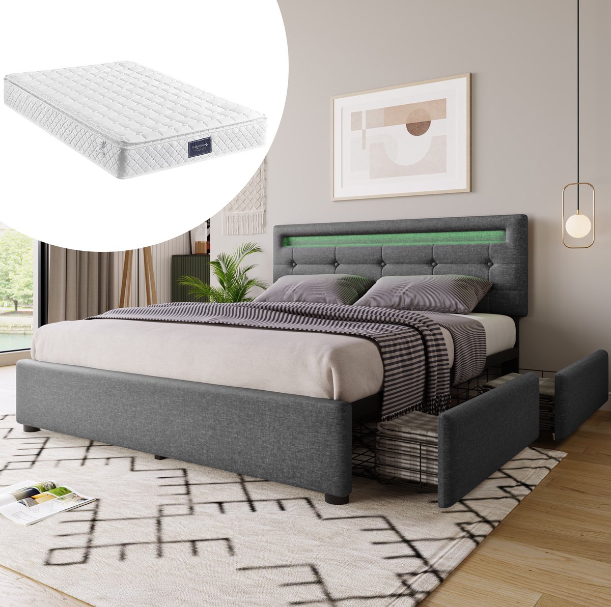 COVREO Bed met LED verlichting en 4 lades – 140x200 cm – Tweepersoonsbed met verstelbaar hoofdbord – slaapkamer en opbergruimte – Grijs - met matras