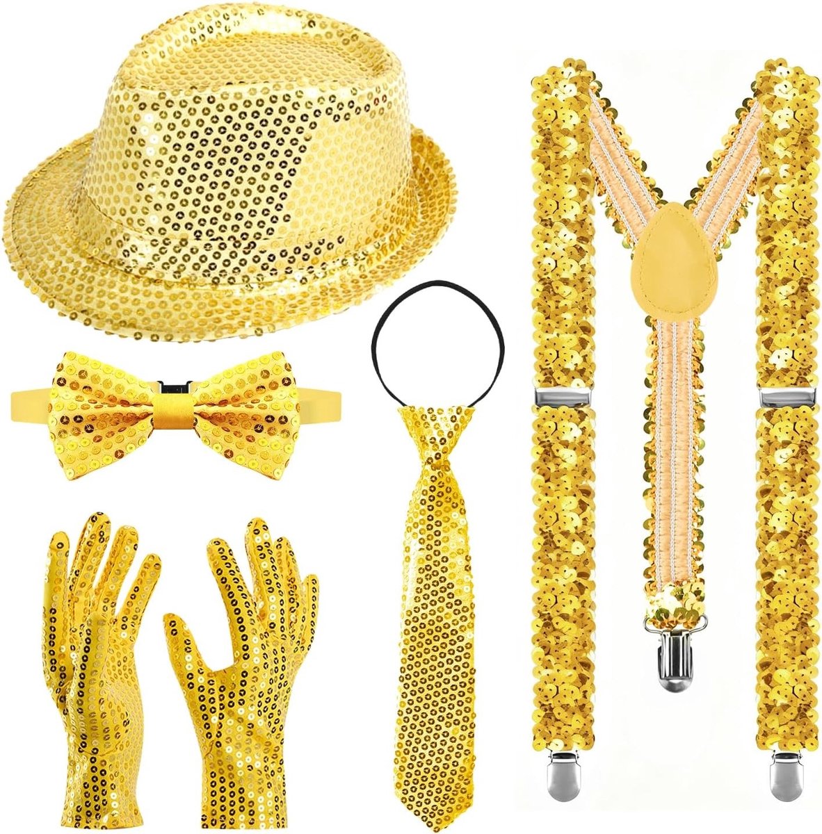 Vijfdelig mannen disco kostuum met pailletten, hoed en accessoires voor carnaval en feestjes in goud